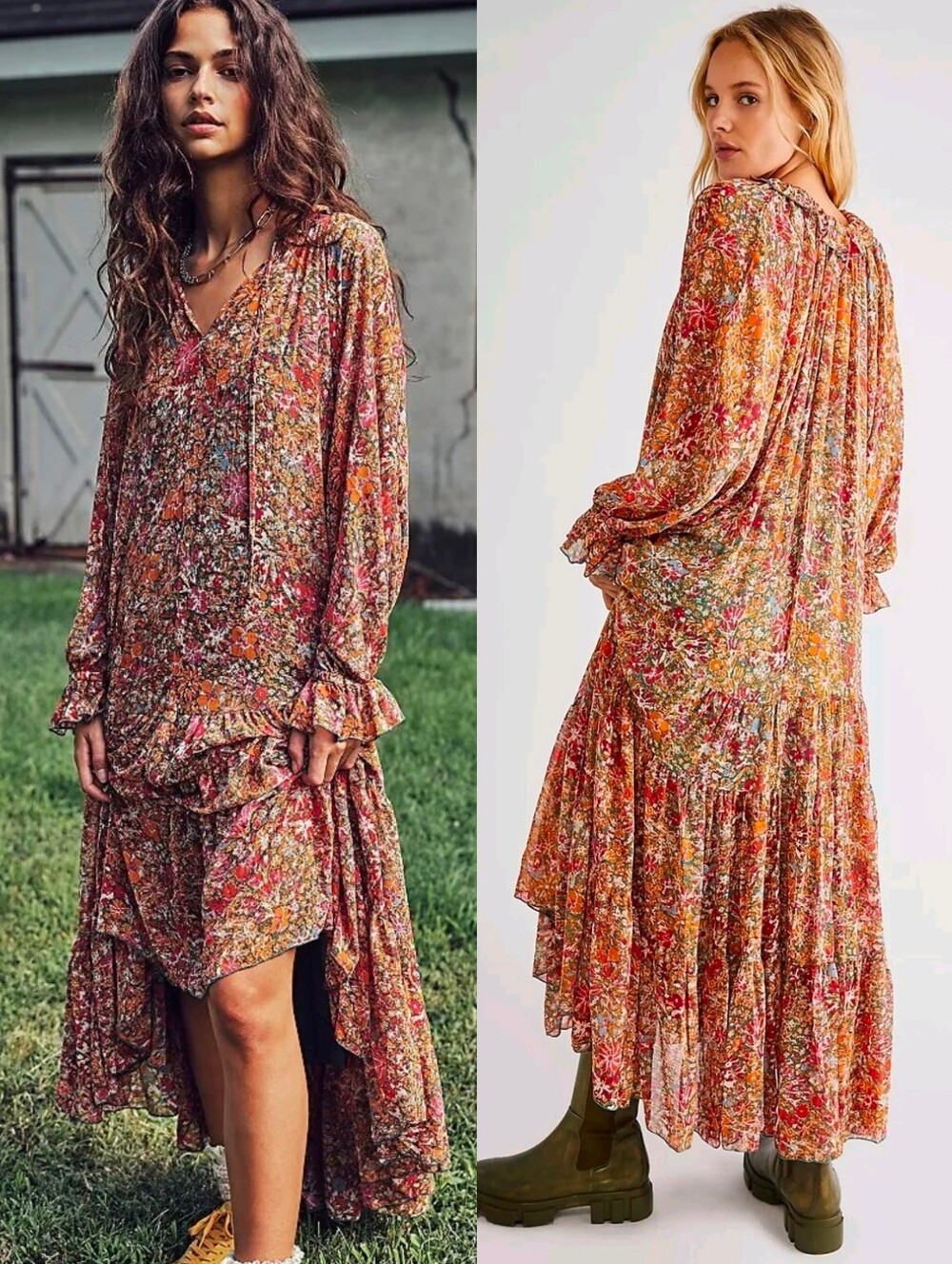 Free People Orange Retro Floral Feeling Groovy Maxi Dress